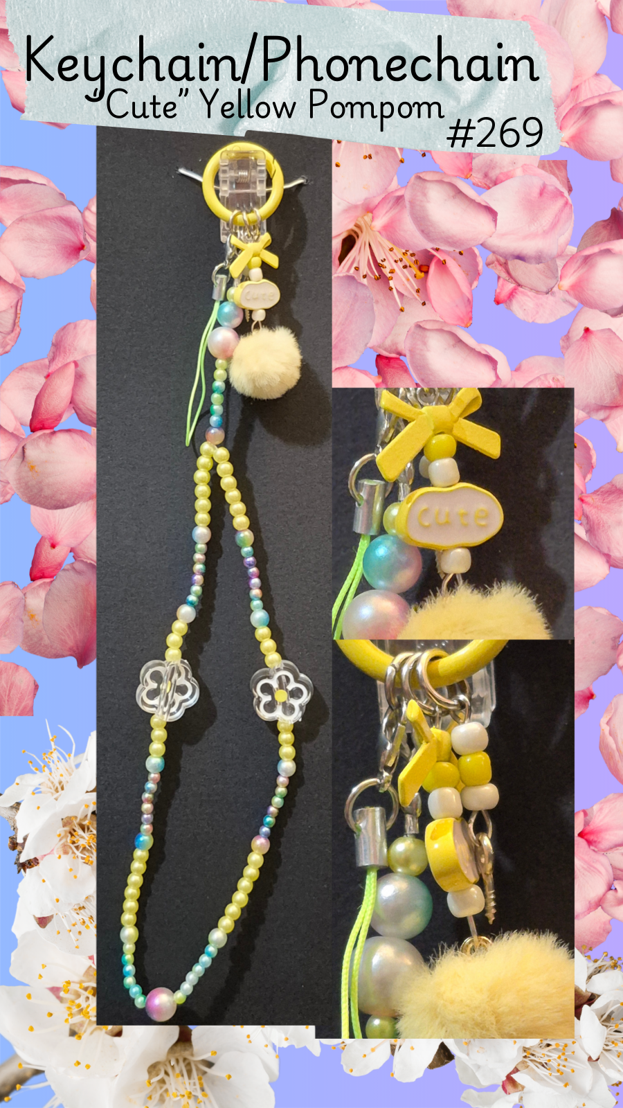Keychain/ Phone chain/ Bag chain - "Cute" Yellow Pompom - #269