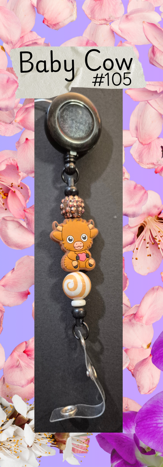 Beaded Badge Reels - Animal - Brown Baby Cow - #105
