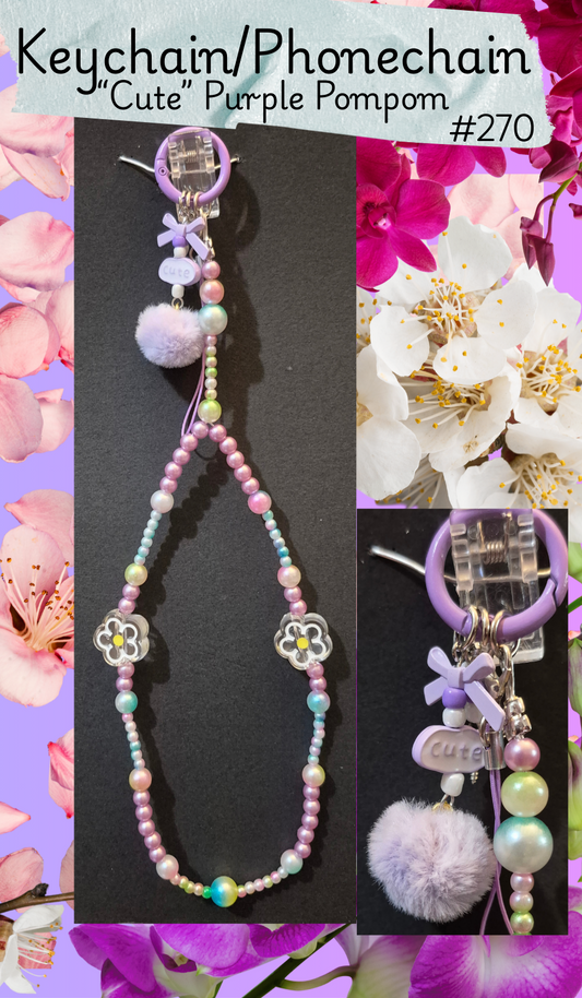 Keychain/ Phone chain/ Bag chain - "Cute" Purple Pompom - #270